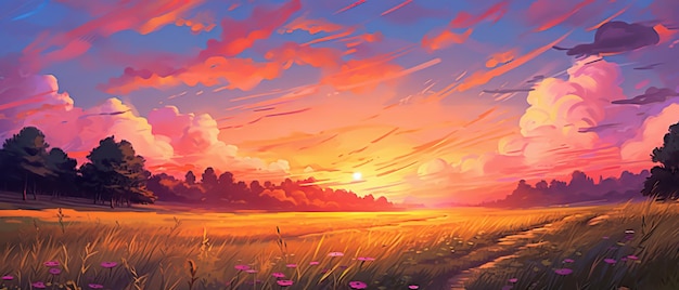 Zdjęcie pole krajobrazowe z niebem o zachodzie słońca w tle ilustracji w stylu kreskówki anime generative ai