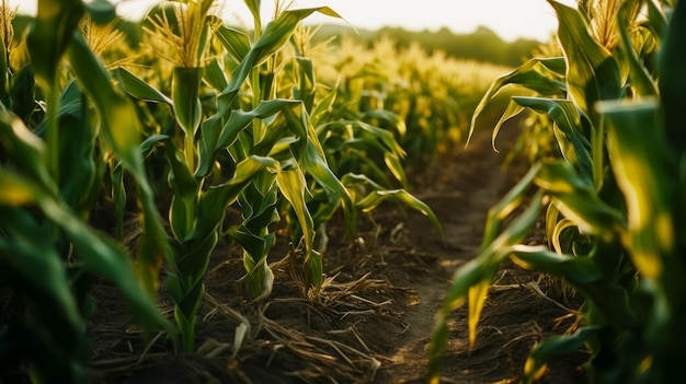 Pole kukurydzy jest pokazane ze słońcem świecącym przez łodygi kukurydzy Generacyjna sztuczna inteligencja