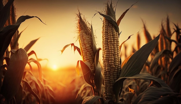 Pole kukurydzy o zachodzie słońca Generacyjna sztuczna inteligencja