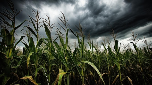 Pole kukurydzy z ciemnym niebem w tle