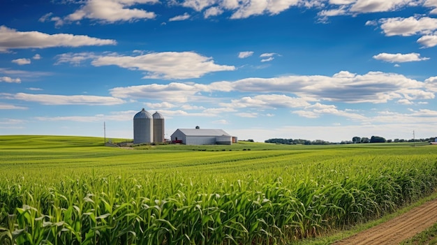 Pole kukurydzy z silosami i gospodarstwem w oddali