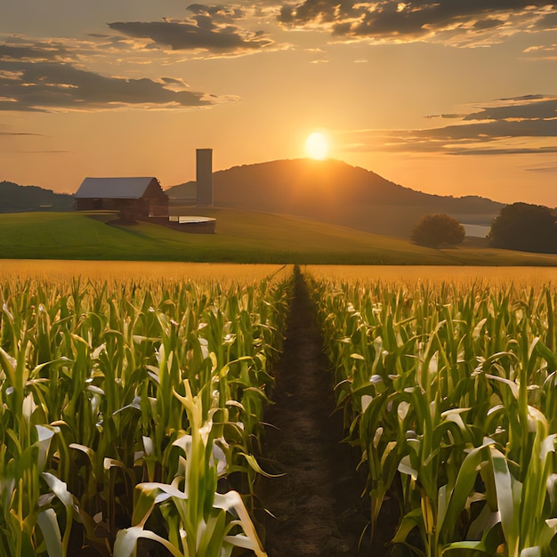 pole kukurydzy z stodołą w tle i farmą w tle