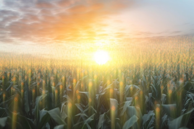 Pole kukurydzy z zachodem słońca w tle