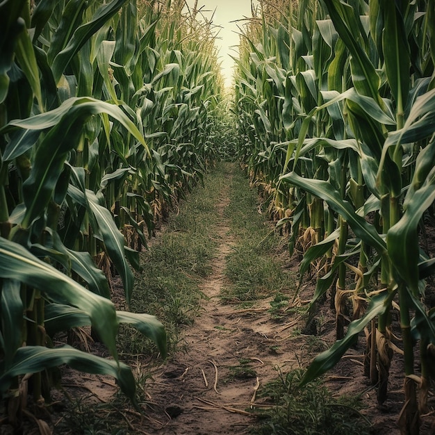 Pole kukurydzy ze ścieżką prowadzącą na prawo od obrazu.