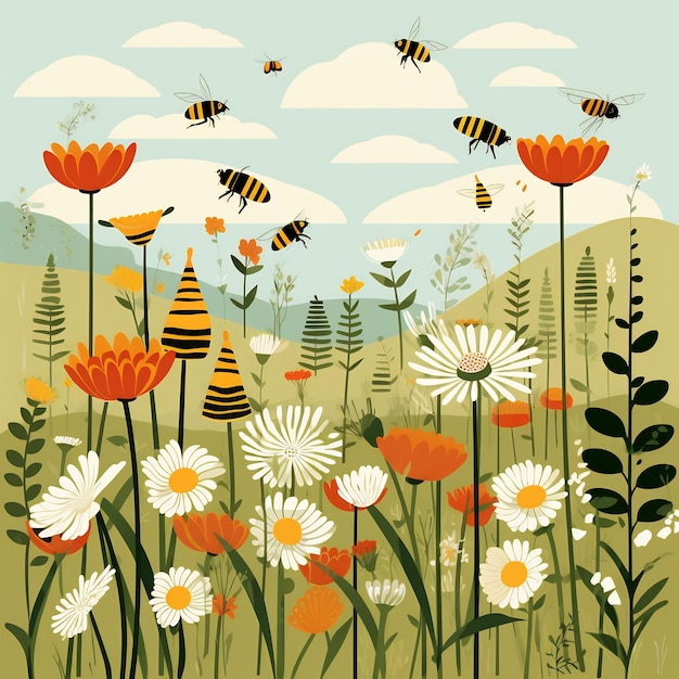 pole kwiatów, wokół latają pszczoły