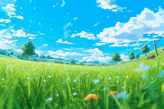 Pole kwiatów z błękitnym niebem w tle