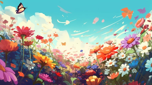 Pole kwiatów z błękitnym niebem w tle