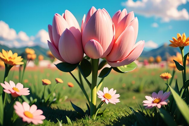 Pole kwiatów z różowymi tulipanami na pierwszym planie.