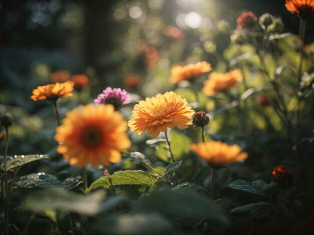 pole kwiatów ze słońcem świecącym przez kwiaty w tle