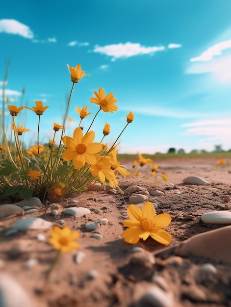 Pole kwiatowe z błękitnym niebem w słoneczny poranek Piękne sadzonki kwiatów rosnące w Generative AI