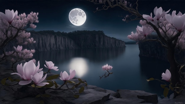 Pole magnolii w świetle księżyca z jeziorem