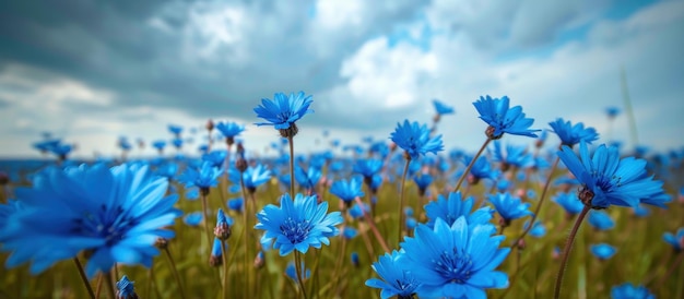 Pole niebieskich kwiatów pod chmurnym niebem