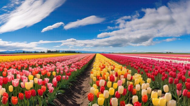 Pole pełne kolorowych tulipanów pod chmurnym niebem