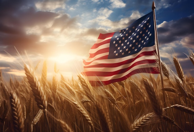 Pole pszenicy, pola amerykańskiej flagi, pola pszenicy oświetlone słońcem, pola złotego światła, dzień niepodległości.