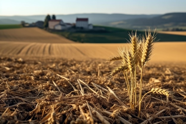 Pole pszenicy z farmą w tle