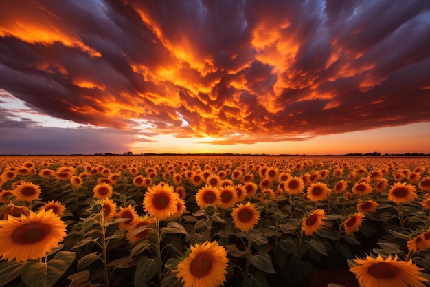 Pole słoneczników i zachodnie niebo z kolorowymi chmurami Piękne pole rolnicze z żółtymi kwiatami Wiejski krajobraz na południu Ukrainy