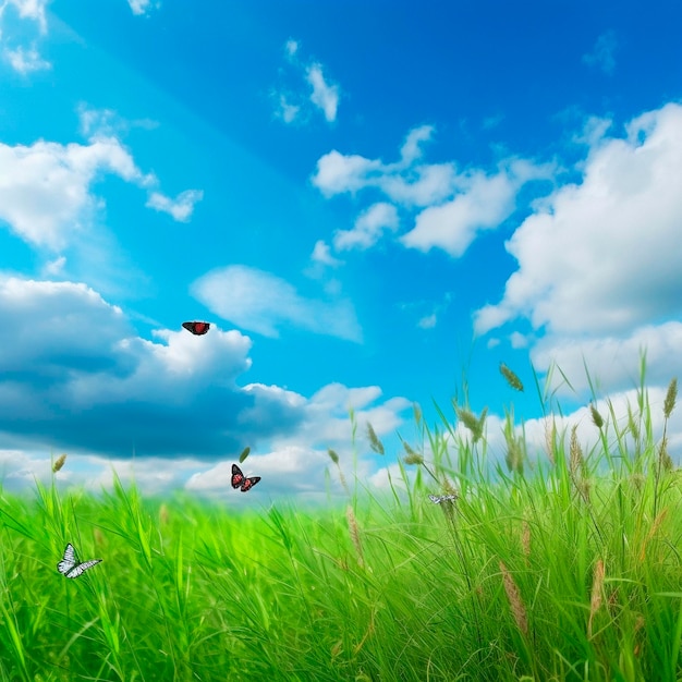 Pole trawy z niebieskim niebem i kilkoma chmurami