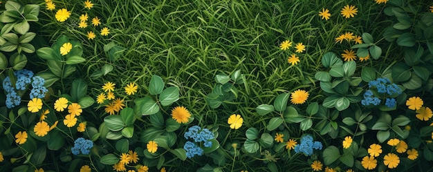 Zdjęcie pole trawy z żółtymi kwiatami i zielonymi liśćmi