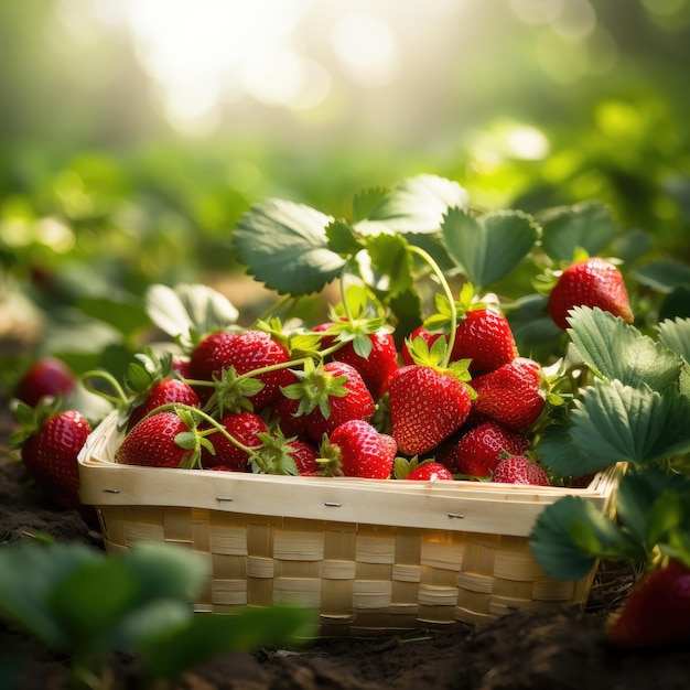 Pole truskawek na farmie owoców Świeża dojrzała truskawka w białym koszyku Generacyjna sztuczna inteligencja