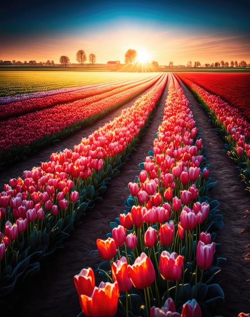 Pole tulipanów o świcie Piękna różowa szkarłatna czerwona plantacja tulipanów Abstrakcyjna generatywna ilustracja AI