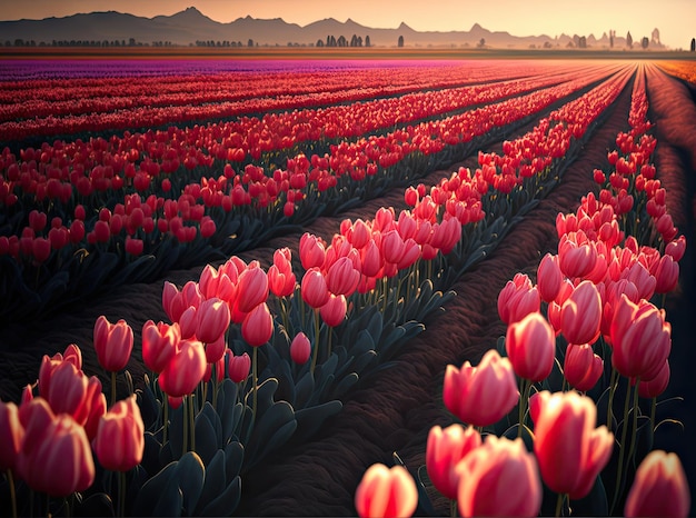 Pole tulipanów o świcie Piękna różowa szkarłatna czerwona plantacja tulipanów Abstrakcyjna generatywna ilustracja AI