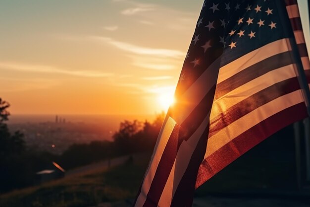 Zdjęcie pole wysokiej trawy z amerykańską flagą