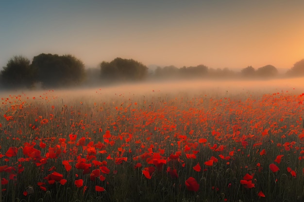 Pole z czerwonym makiem kwitnącym w mglisty poranek o wschodzie słońca Piękna wieś letnia przyroda sceneria Ilustracja 3D