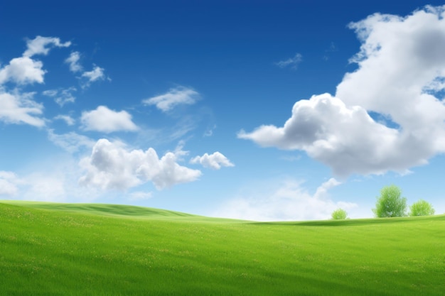 Pole zielonej trawy z błękitnym niebem i chmurami