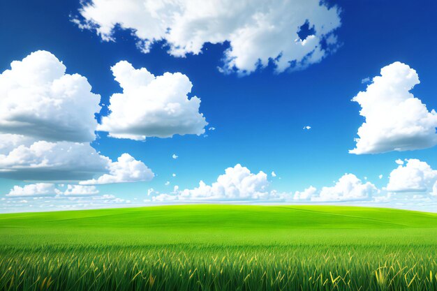 pole zielonej trawy z niebieskim niebem na tle