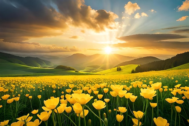 Pole żółtych tulipanów z górami w tle.