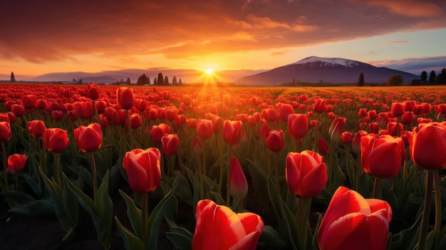 Pole żywych tulipanów po południu