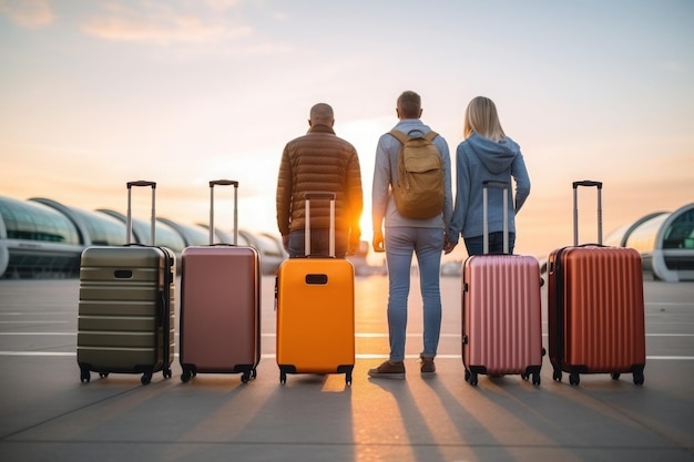 Poliamoryczna rodzina z walizkami na lotnisku przed odlotem