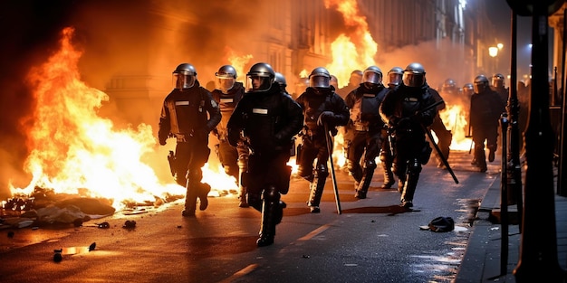 Policja chroni ulice przed zamieszkami, zamieszki obywatelskie przeciwko państwu, spalone samochody i sklepy.