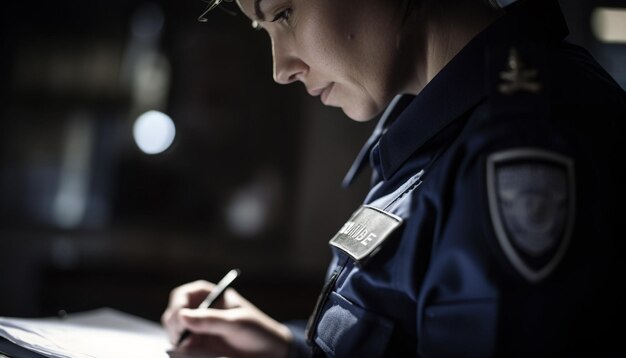 Zdjęcie policjant skupia się na dokumencie wyświetlającym ekspertyzę wygenerowaną przez sztuczną inteligencję
