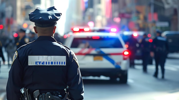 Zdjęcie policjant stoi na straży na miejscu zbrodni, na tle błyszczą światła samochodów policyjnych.