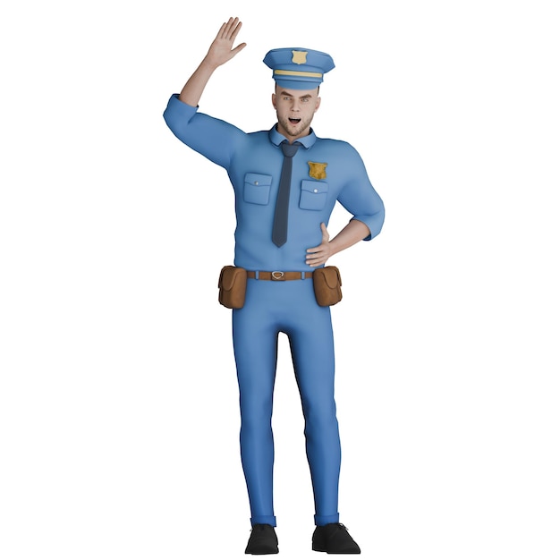 Policjant stoi z podniesioną prawą ręką, a lewą zakrytą za ciałem