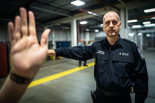 Zdjęcie policjant w mundurze stojący w garażu