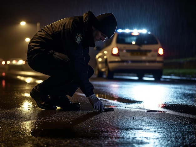 Policjant w trakcie dochodzenia skrupulatnie bada miejsce zdarzenia w poszukiwaniu dowodów