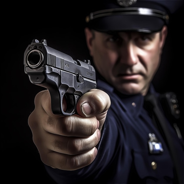 Policjant wskazuje broń z napisem policja.