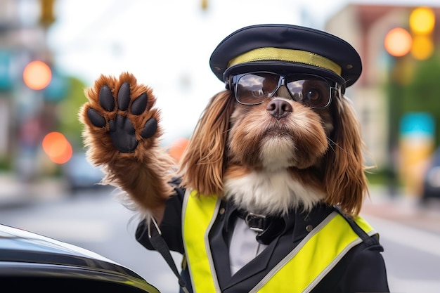 Policjant z psem kierujący ruchem