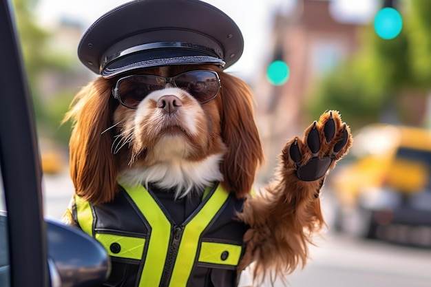 Policjant z psem kierujący ruchem