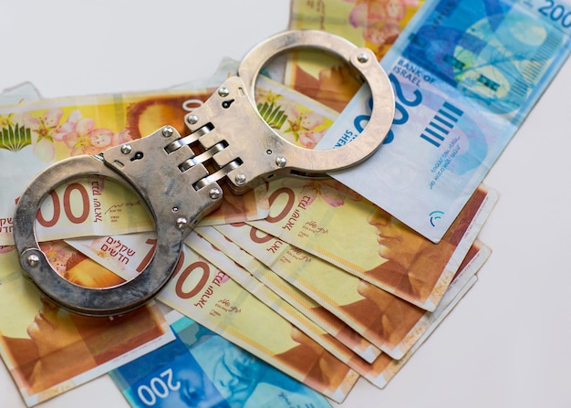 Policyjne kajdanki na tle izraelskiego nowego szekla banknoty pieniądze na stole