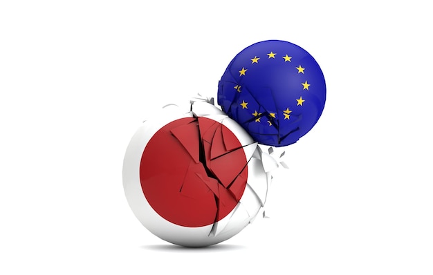 Polityczne Kule Japonii I Unii Europejskiej Zderzają Się Razem 3d Render