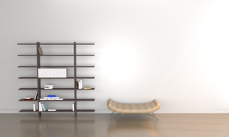 Półka na książki blisko ściany z książkami i kanapą, 3D rendering