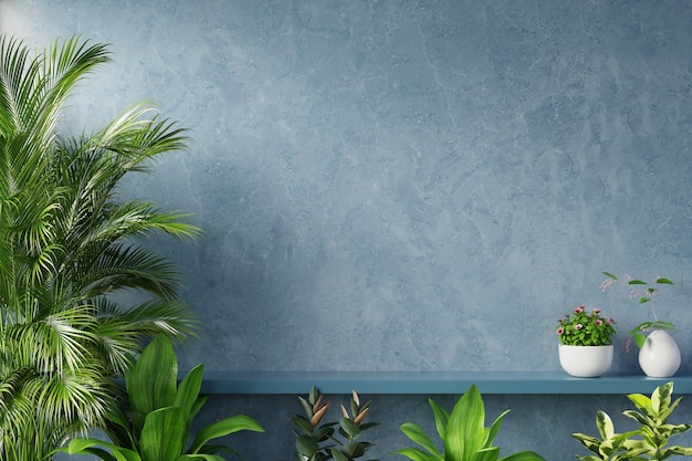 Półka na niebieskiej ścianie z zieloną rośliną, renderowania 3d