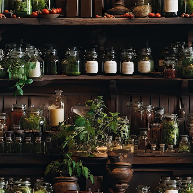 Półka szklanych słoików wypełnionych ziołami i lekarstwami wyłożona kafelkami