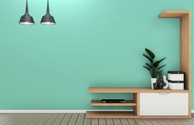 Półka Tv W Pokoju Miętowym Nowoczesny Styl Tropikalny - Puste Wnętrze Pokoju - Minimalistyczny Design. Renderowania 3d