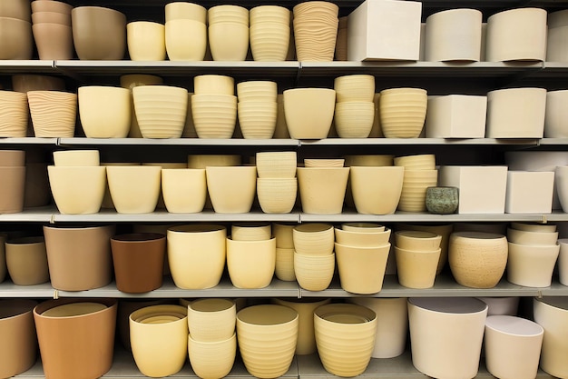Półka z ceramicznymi wazami, na której widnieje napis „ceramika”.