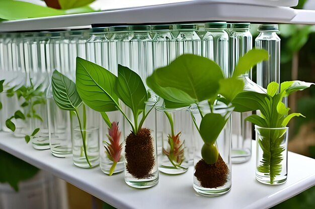 Zdjęcie półka z małymi szklanymi zlewkami z rosnącymi w nich roślinami.