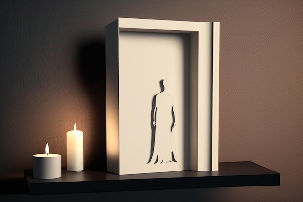 Zdjęcie półka z pustą książką obejmuje świece i figurkę na tle błyszczących desek